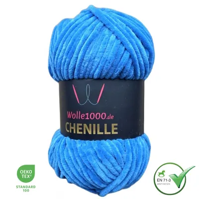Produktbild von Wolle1000 Chenille - 35 BLAU - 100g - weiches Chenille Garn / Kuschelwolle
