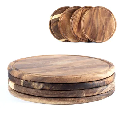 Produktbild von Hanseküche Fleischteller Akazie Ø 25 cm – 4er Set Holzteller rund – Vesperteller, Brotzeitbrett, Servierbrett, Schneidebrett aus Holz