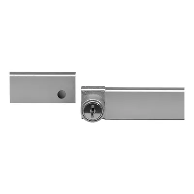 A silver lock and its corresponding plate are shown against a white background.