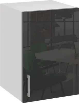 A 3D rendering of a white kitchen cabinet with a black glossy door and a silver handle.