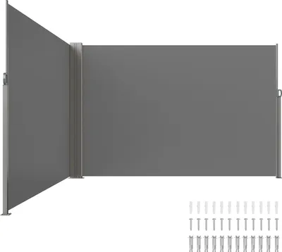 A grey retractable side awning is shown extended, with a smaller section angled to the left. A collection of screws and wall plugs is displayed below.