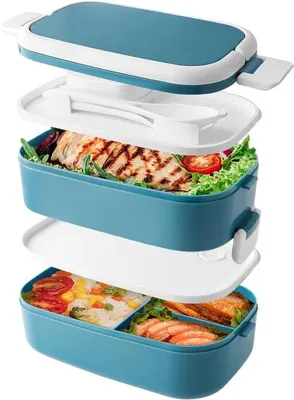 Productafbeelding van Famanu Bento lunchbox, stapelbaar - 1500 ml met 4 compartimenten en bestek - lekvrij - voor volwassenen en kinderen - blauw