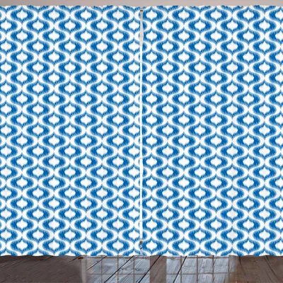 Produktbild von ARANDE Ikat Gardine, Abstraktes afrikanisches Design mit Ogee-Motiven im Blau tont Weinlese-Sommer-Saisonmuster, 280 x 225 cm, Blau Weiss