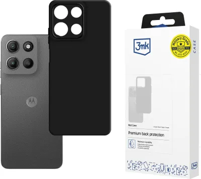 A smartphone case and its packaging are displayed. The phone case is black and is shown next to a gray smartphone. The packaging is white with branding and product information.