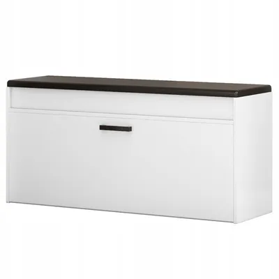 A white shoe cabinet with a dark top and a black handle, shown from the front.