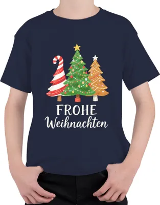 Produktbild von FROHE Weihnachten Weihnachtsbaum Tannenbaum Zuckerstange Lebkuche Uni Kinder T-Shirt, Navy, 152