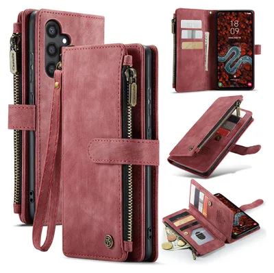A collage of images showing a red leather wallet-style phone case for a Samsung Galaxy S24, with various views and features displayed.
