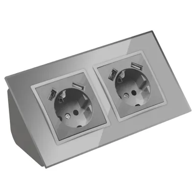 Produktbild von Glas Ecksteckdose 2-fach Steckdose mit USB Steckdosenblock 45° Verteilerdose silber.
