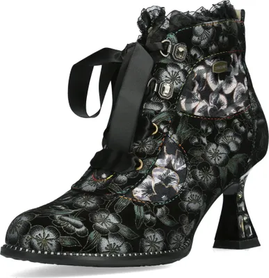 A single black ankle boot with a floral pattern and lace-up front, shown against a white background.