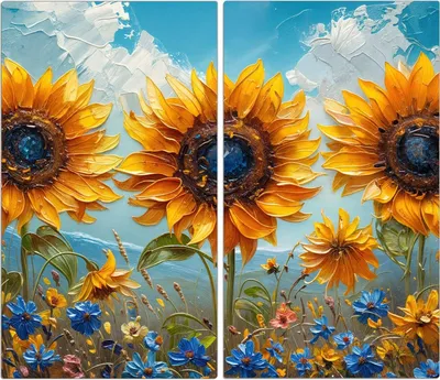 Produktbild von Spritzschutz Herdabdeckplatte Schneidebrett aus Glas Sonnenblumenwiese 2-Teilig (60x52cm)