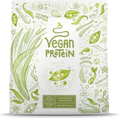 A product package for vegan protein powder with a hand-drawn illustration of peas and plants.
