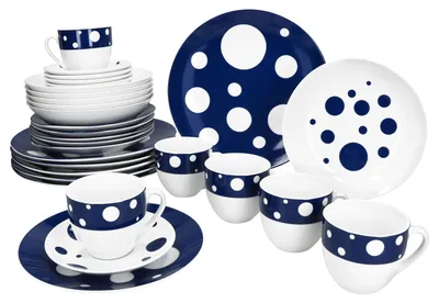 Immagine prodotto di Servizio combinato Pula blu scuro 30 pezzi stoviglie a pois tazze piatti