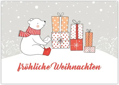 Produktbild von Niedliche Weihnachtskarte mit Eisbär und Weihnachtsgeschenken: fröhliche Weihnachten