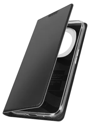 A black flip case for a smartphone is shown with the cover open, revealing the phone inside.