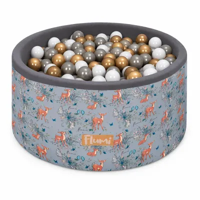 Produktbild von Flumi Bällebad Baby - Bällepool Kinder 90x40cm mit 200 Bällebad Bälle ∅ 7cm in EU hergestellt - Grau / Reh +Goldene Bälle