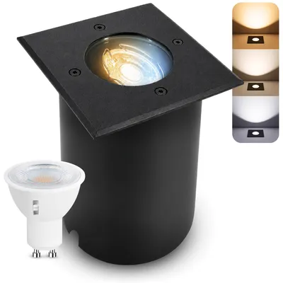 Produktbild von SSC-LUXon JUAVI Bodeneinbauleuchte aussen IP67 eckig - Bodenstrahler schwarz matt 230V befahrbar - inkl. GU10 LED Lampe 3W drei einstellbaren Lichtfarben 3CCT