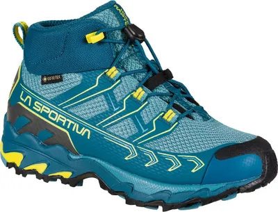 Wanderschuhe für Kinder; Modell "Ultra Raptor II Mid JR Gtx" von La Sportiva in Blau und Gelb.