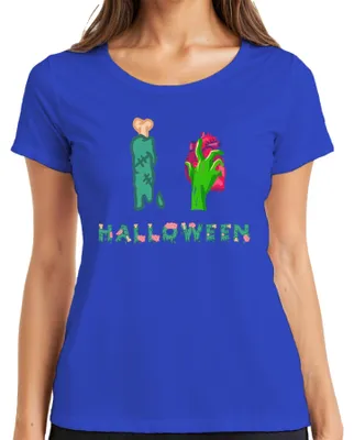 Zdjęcie produktu dla Koszulka damska HALLOWEEN Zombie Hand Heart Bone Bloody Horror Scary Spooky, Niebieski, XXL