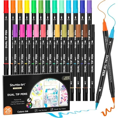Produktbild von Dual Brush Pen Set 25 Farben mit Malbuch, doppelseitige Pinselstifte für Handlettering & Kalligraphie