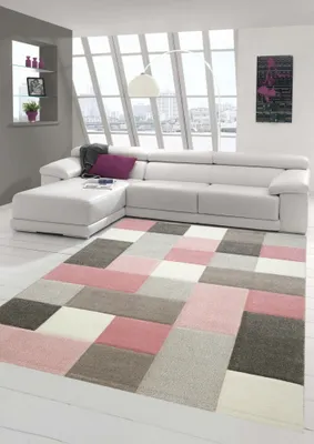 Produktbild von Wohnzimmer Teppich Design mit Karo Muster in Pink Grau Creme Größe - 120x170 cm