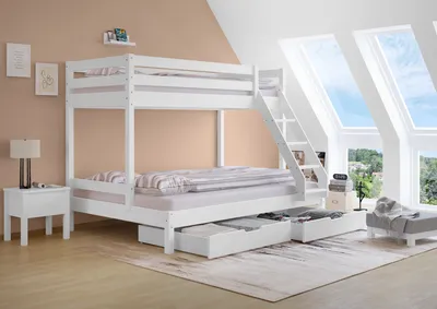 Produktbild von Doppel-Etagenbett 140x200 und 90x200 Erwachsenen-Stockbett Kiefer Massivholz weiß V-60.18W-09-14Rollrost und Doppelbettkasten inkl.