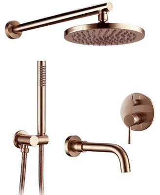 Immagine prodotto di Set di rubinetteria per doccia e vasca - Sistema doccia a incasso - Soffione a pioggia rotondo da 30 cm - Miscelatore monocomando con controllo acqua calda/fredda - Doccetta manuale con 2 funzioni - Finitura in ottone spazzolato - Bocchetta di scarico da 21 cm - Ottone dorato
