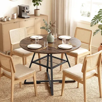 Produktbild von SUGIFT Runder Esstisch Industrial, Küchentisch mit Ablage, Spanplatte Metallgestell, Rustikal-Braun | 100 x 76 cm | für 4 Personen | Holzoptik