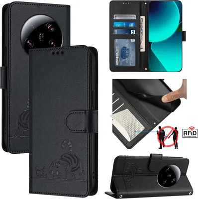 Produktbild von Leder Hülle für Xiaomi 13 Ultra Süße Katze Flip Case Brieftasche Schutzhülle mit Standfunktion Schwarz