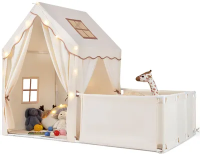Produktbild von GOPLUS Kinderzelt groß, 2-in-1 Spielhaus Kinder Indoor mit Hof, Sternenlichter, Waschbarem Kissen, Spielzelt für 4-5 kinder ab 3 Jahren (Beige)