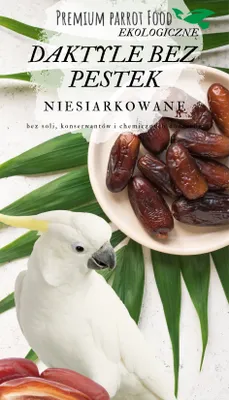 A white cockatoo is shown next to a bowl of dates, with green leaves in the background. Text overlays describe the product as premium parrot food.