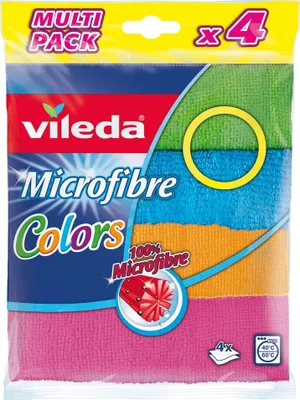 A multi-pack of Vileda microfiber cloths in various colors, displayed in their packaging.