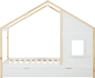 Produktbild von Häuschenbett 90 x 190 cm – Mit Schublade – Kiefer & MDF – Weiß/Natur – RINELYA