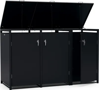 Produktbild von Blumfeldt BinSafe Mülltonnenbox – Wetterfest Verzinkter Stahl, Für 60L/120L/240L, Schloss, Modernes Design, Mülltonnenverkleidung für 3 Tonnen, Schwarz