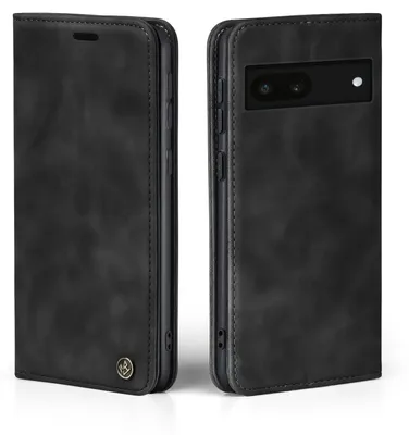 A black flip-style phone case for a Google Pixel 6a is shown from two angles.