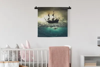 Produktbild von MuchoWow® Wandteppich Wandbehang Meer - Boot - Hai 60x60 cm Tapisserie Dekoration Wandtuch - Dekorationen - Wand Decke