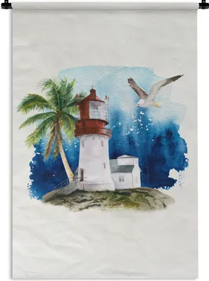 Produktbild von MuchoWow® Wandteppich Wandbehang Aquarell - Leuchtturm - Palme 120x180 cm Tapisserie Dekoration Wandtuch - Schlafzimmer - Dekorationen für das Haus