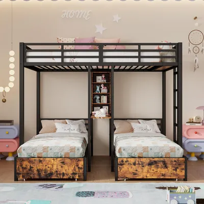 A bunk bed with two lower beds and storage shelves in a child's bedroom.