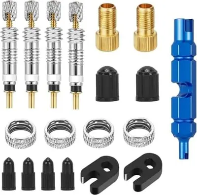 Produktbild von 19 Stück Französisches Ventil, Fahrradventil Adapter Ventil Französisch Reifenreparaturset Ventilschlüssel Ventilschraube Ventilschutzkappen für Fahrräder und Mountainbikes
