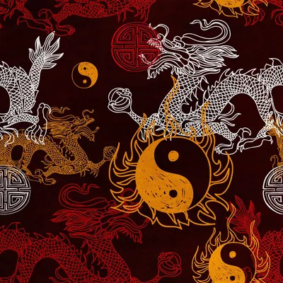 Image de Royal Velvet Tissu Polyester A coudre - Motif Dragon, Yin-Yang