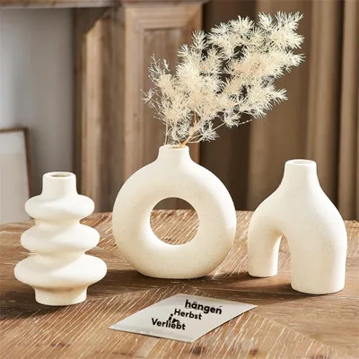 Produktbild von Dekovase, Boho Blumen-Pflanzenbehälter, Handgefertigte Getrocknete Blumenbehälter, 3er Keramik Vase, Pampasgras Vasen matt, Wohnkultur