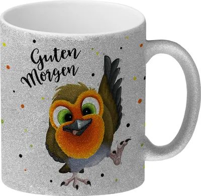 Produktbild von Guten Morgen Glitzer-Glitzer-Kaffeebecher mit Rotkehlchen Motiv