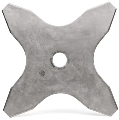 A four-bladed metal cutting disc for a brush cutter or string trimmer.