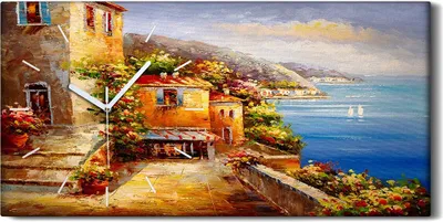 Produktbild von Wandbild Leinwand Bilder mit Uhr 60x30 Malerei Stadt Gebäude Meer Küste Blumen - weiße Hände