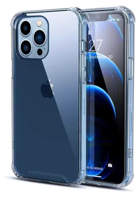 A clear, studio-like shot of an iPhone 13 Pro in a transparent protective case, showcasing its design and camera.