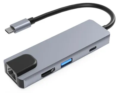 Obrázek produktu pro Multifunkční rozbočovač 6 v 1 s konektorem USB-C, hliníkové pouzdro, 100M RJ45, HD, USB 3.0, PD, sloty pro karty SD a TF
