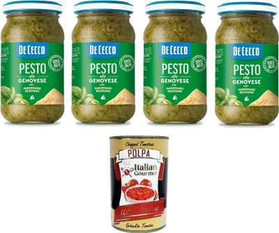 Produktbild von De Cecco Pesto alla Genovese con Parmigiano Reggiano senza aglio Pesto mit frischem Basilikum, Parmigiano Reggiano ohne Knoblauch Italienisches Sauce 4x190g + Italian Gourmet polpa 400g