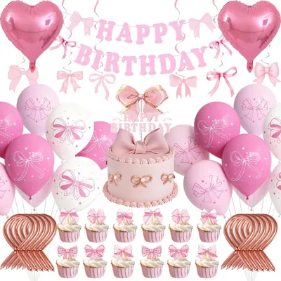 Produktbild von Geburtstagsdeko Set Rosa Schleife Girlande Folienballons Herz für Mädchen