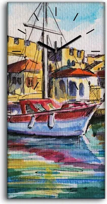 Produktbild von Küche Wohnzimmer Wand Leinwand Uhr 30x60 Bild Landschaft mit Boot im Hafen - schwarze Hände
