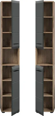 Produktbild von Badezimmer Hochschrank mit 30 cm Breite in Eiche mit schwarz matt, 2 Türen & 1 offenes Fach - IGGESUND-158