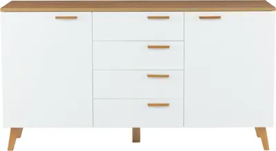 A white sideboard with a wooden top and wooden handles, shown against a white background.